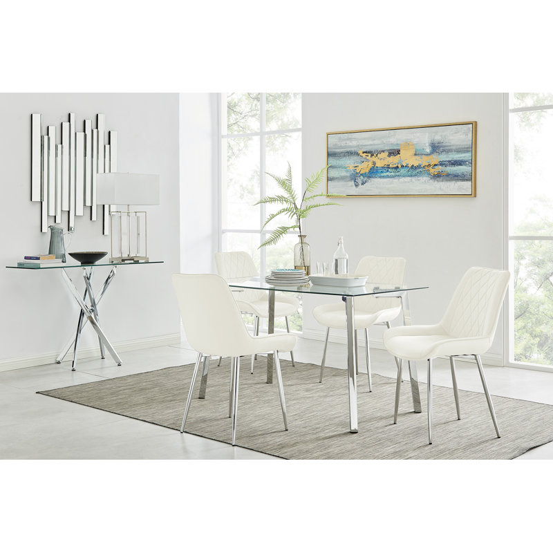 Korolevu Cosmic Luxury Glass and Chrome Dining Table Set with 4 Luxury Velvet Dining Chairs, Cream/Silver