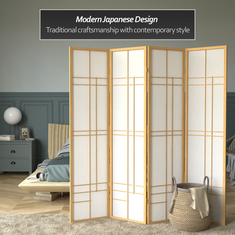 70.25" x 70" Eudes Shoji 5 Panel Room Divider, 4, Natural