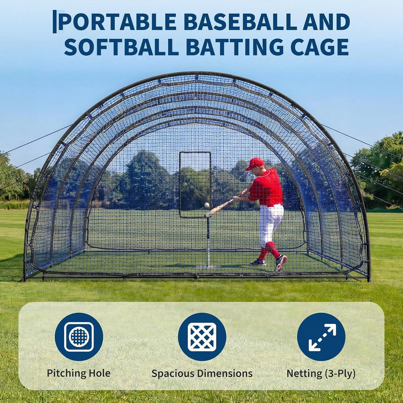 Cage de baseball 30 x 12 x 8 pi avec ouverture pour machine à lancer, porte et sac de transport amovibles, filet d'entraînement pour la cour arrière