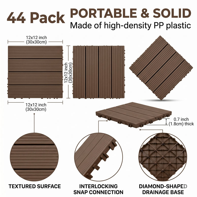 Paquet de 44 tuiles de terrasse emboîtables de 12 po x 12 po, plancher de patio extérieur imperméable avec base de drainage et surface antidérapante, plancher en plastique à emboîter pour balcon, porche, bord de piscine, cour et jardin