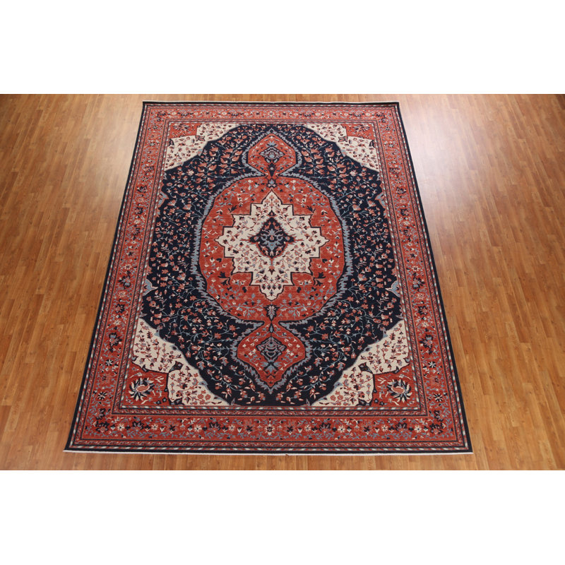 Tapis turc unique à motif floral Sarouk Farahan bleu marine / rouge / ivoire noué à la main 9 pi 9 po x 13 pi