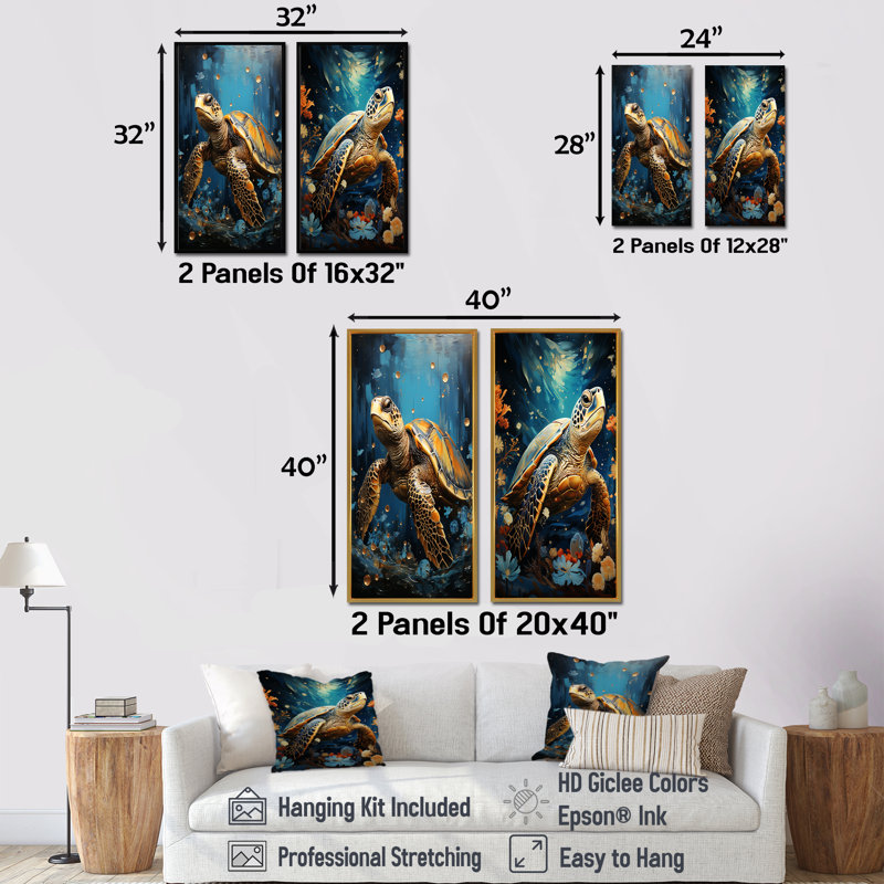 Ensemble de 2 décorations murales sous-marine Golden Shell - Tortue, H 28 po x l 25 po, Toile tendue