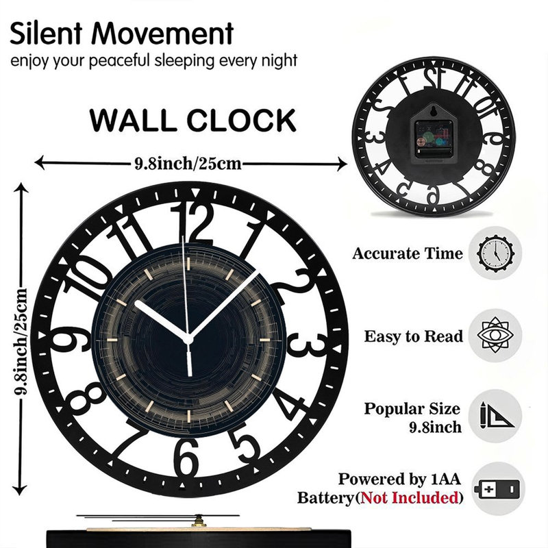 Horloge murale ronde en fer 10 po avec mouvement à quartz silencieux, chiffres arabes, impression UV, Lignes fines