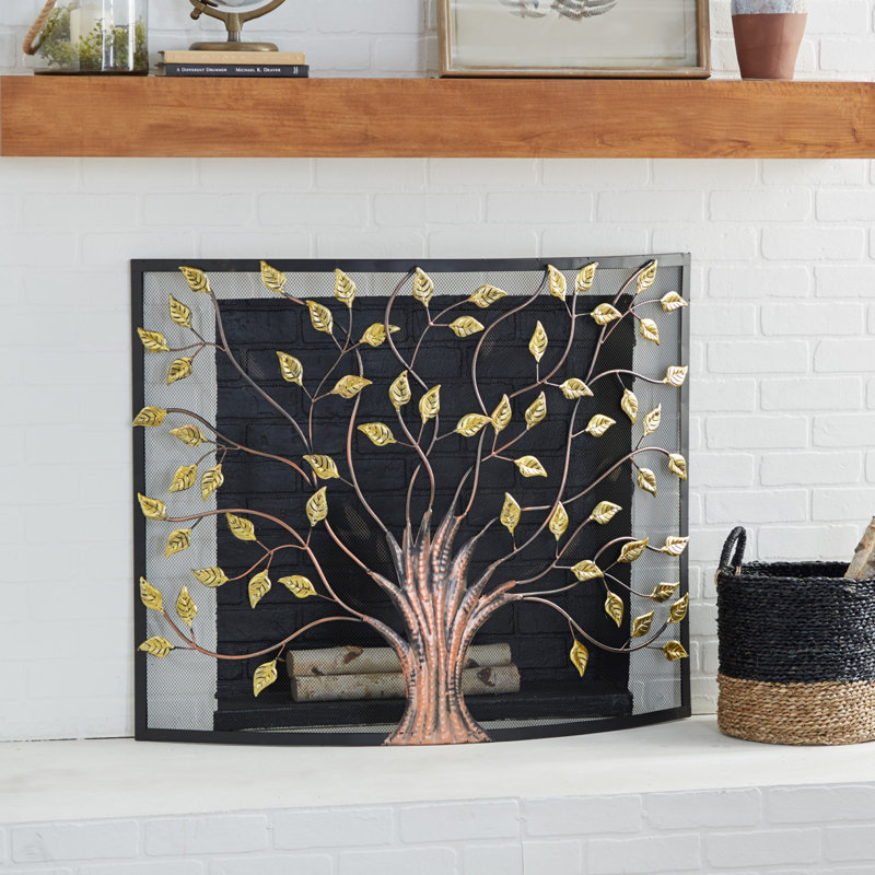 Aashay Bronze Metal Sculpted Relief Single Panel Tree Fireplace Screen with Curved Mesh Netting