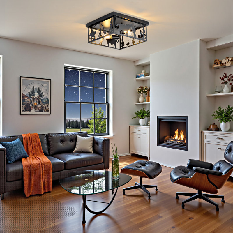 11.2-in 2 - Light Farmhouse Semi Flush Mount Rustic Black Ceiling Fixture With Cowboy Horse Square Shade, Matte Black