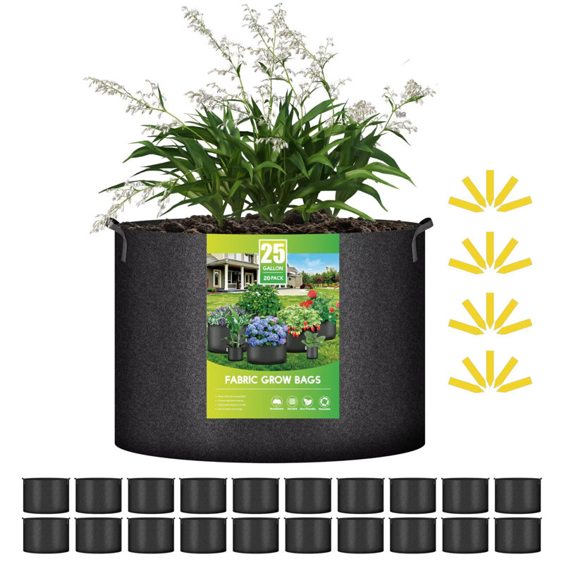 iPower 20 Pack Grow Bags, Garden Planting Nonwoven Fabric Pots with Reinforced Handle, Heavy Duty and Aeration Planter Pot for Tomato, Fruits, Vegetables and Flowers, Black