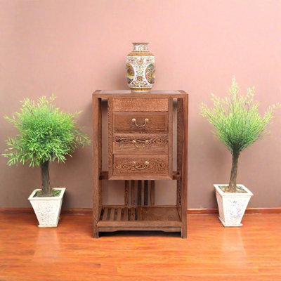 Double - layer Solid Wood Plant Stand with Drawer