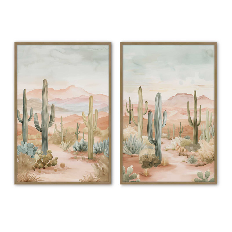Ensemble de 2 estampes de cactus, Or brossé, H 15,25 po x l 24,5 po