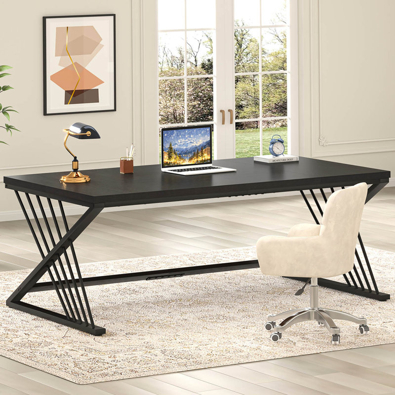 Bureau d'ordinateur moderne en bois et métal 70,87 po Cheryel, noir, Noir, 29.53" H x 70.87" W x 31.5" D