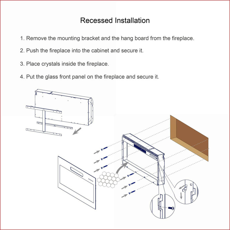 Electric Fireplaces 50in Wall-Mount/Recessed Multi-Color Flame, Remote | Tempered Glass+Sheet Metal