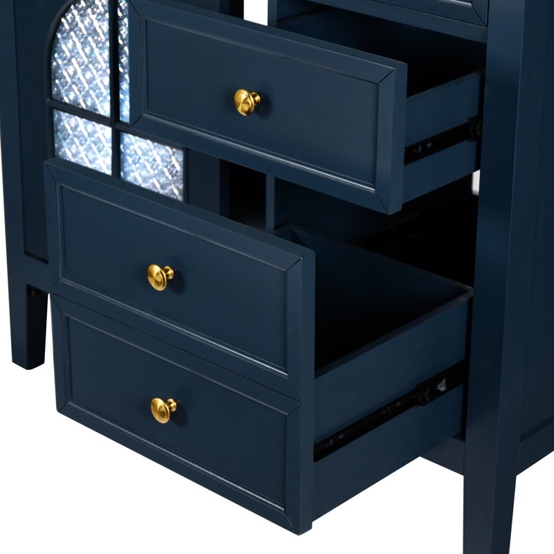 Meuble-lavabo bleu de 90,4 cm (35,6 po) avec lavabo en verre antique, armoire de rangement et surface résistante à l'usure, style médiéval autoportant, tiroirs.