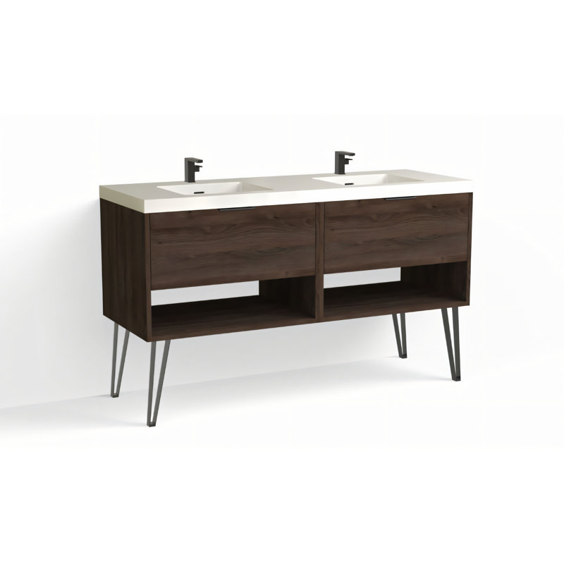Modo 60" W Freestanding Double Bathroom Vanity with Dawson Leg, Gloss White/Single, Nocino, Matte Black
