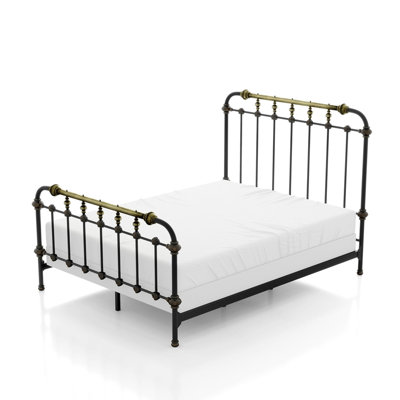 Transitional Antique Black Queen Size Bed, Full Metal Construction, Hand - Brushed Gold Accents, 7 Spindles, Powder Coated For Bedroom Frame,
