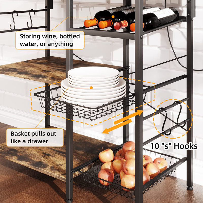 Large Bakers Rack With Power Outlets, Microwave Stand,Kitchen Shelf With Wire Basket