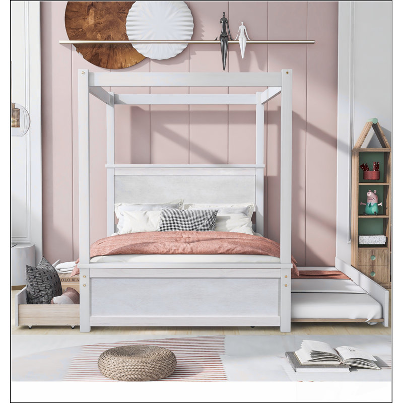 Canopy Bed With Trundle Bed And Two Drawers ,Canopy Platform Bed With Support Slats