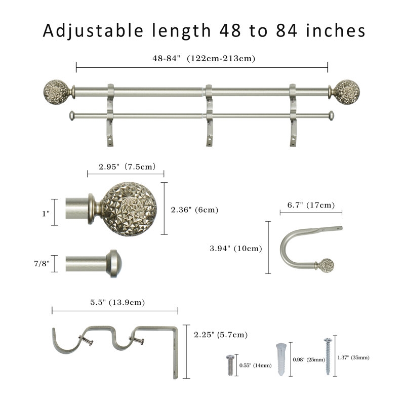 Adjustable Overall Width x 1" Diameter Double Curtain Rod with Holdbacks, 48" - 84", Pewter