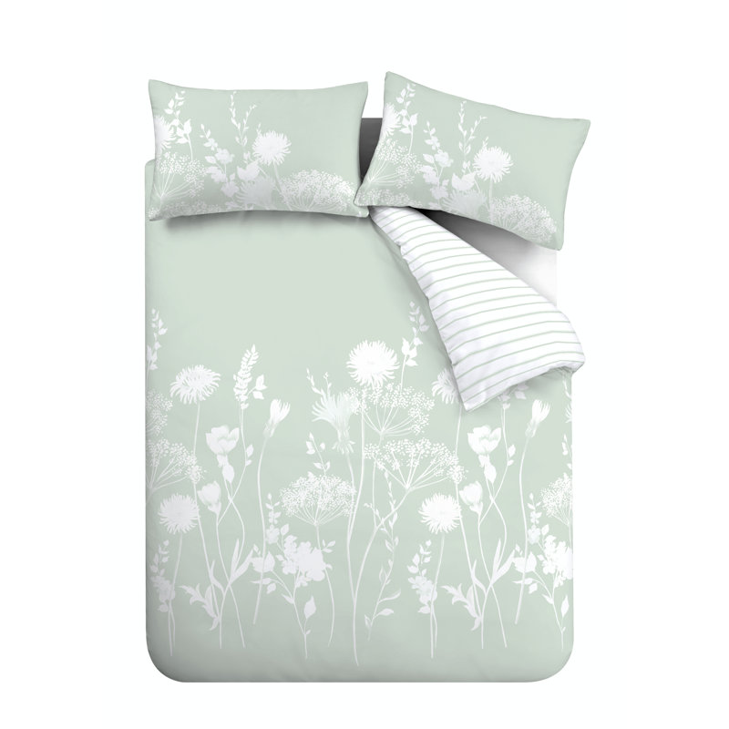Meadowsweet Floral Reversible Duvet Cover Set with Pillowcases, Green/White, King Duvet Cover + 2 Standard Pillowcases