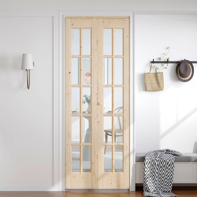 Porte pliante en verre et en bois massif avec quincaillerie d'installation