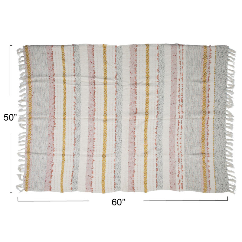 Multicolor Woven Cotton Striped and Embroidered Throw Blanket with Fringe
