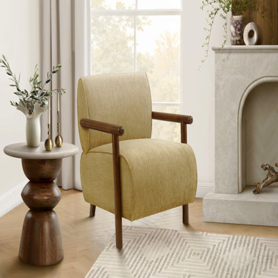 Accent Chair, 31"h, Upholstered, Living Room, Bedroom, Gold Fabric, Brown Walnut Solid Wood, Modern, Mid Century