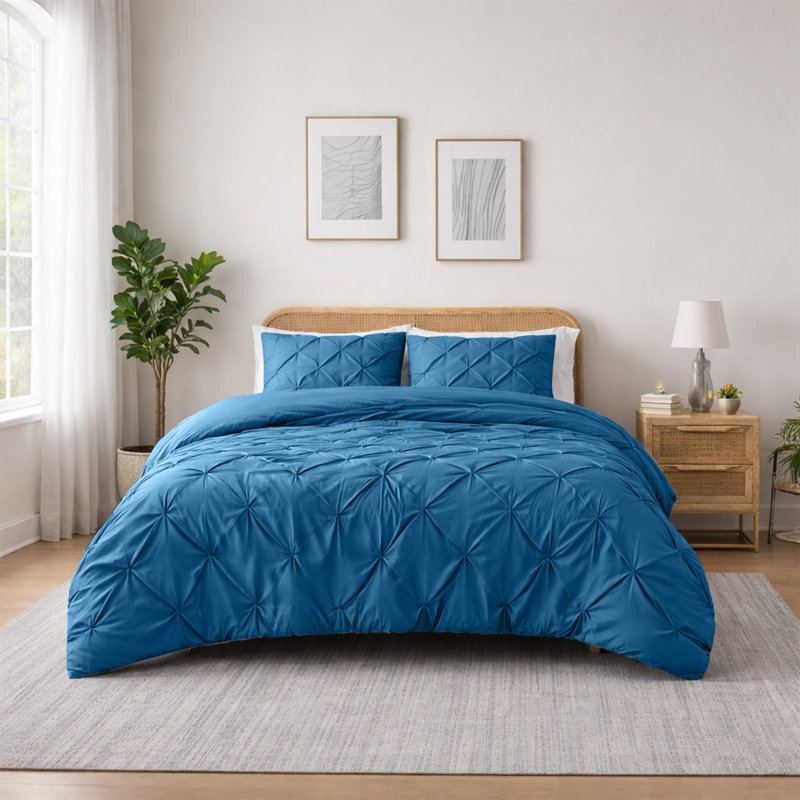 Microfiber Pintuck Duvet Cover Set – 2 Pillowcases, Washed Blue, Double Duvet Cover + 2 Standard Pillowcases