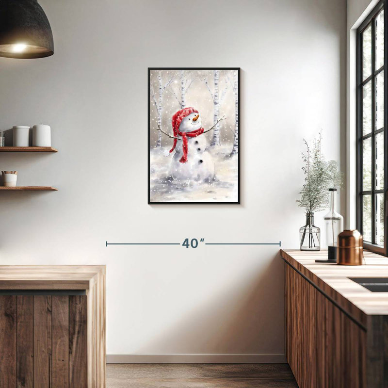 Bonhomme de neige en bois, Cadre flottant noir, 21 po x 31 po