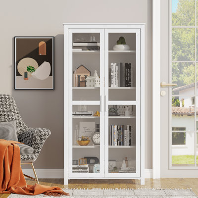 Armoire de cuisine 63 po, armoire de rangement autoportante, vitrine avec 2 portes en verre et 2 tablettes réglables pour la salle à manger, blanc