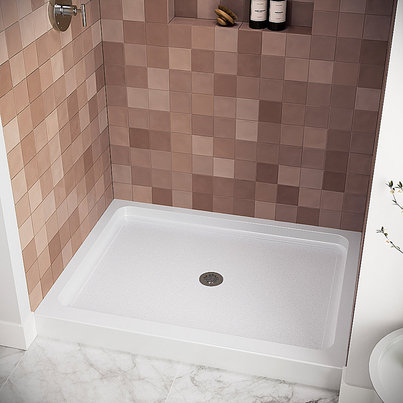 48 in. x 34 in. Alcove Acrylic Shower Base in Glossy White With Center Drain, Drain Included, Glossy White
