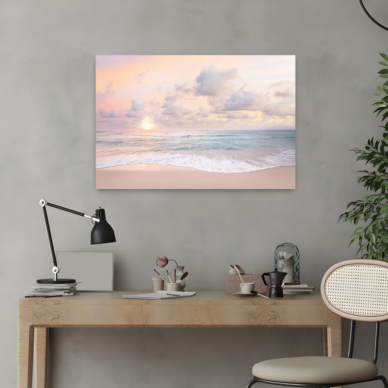 Art mural contemporain plage nuageux et coucher de soleil, H 24 po x l 16 po