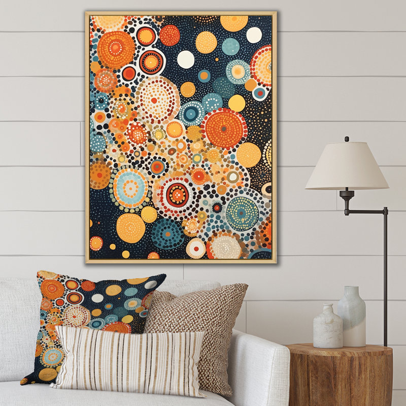Aborigène circulaire à pois, composition d'ambre sur toile, H 40 po x l 30 po x P 1,5 po, Cadre naturel flottant