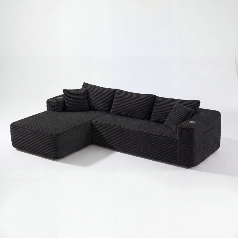 Canapé modulaire à compression en L 108 po avec méridienne profonde rembourrée en velours côtelé 108 po, Velours côtelé noir