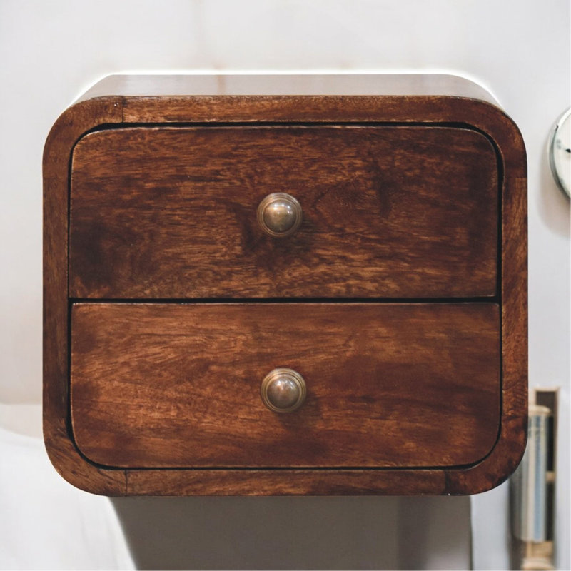 Mini table de chevet murale en bois massif noyer de Californie courbé, 2 tiroirs, brun