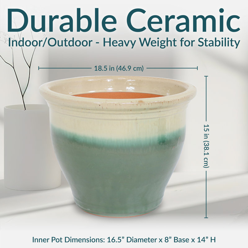 Berlina Round Imperial Ceramic Outdoor Planter, 15" H x 18.5" W x 18.5" D, Seafoam