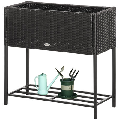 Raised Garden Bed, Elevated Planter Box With Rattan Wicker Look, Tool Storage Shelf, Portable Design For Herbs, Vegetables, Flowers