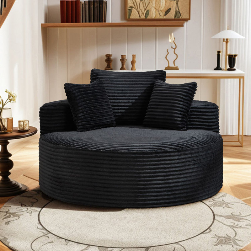 Upholstered Corduroy Barrel Curved Sofa with Wide Armrests, Compression Round Chaise Lounge, No Assembly, Black