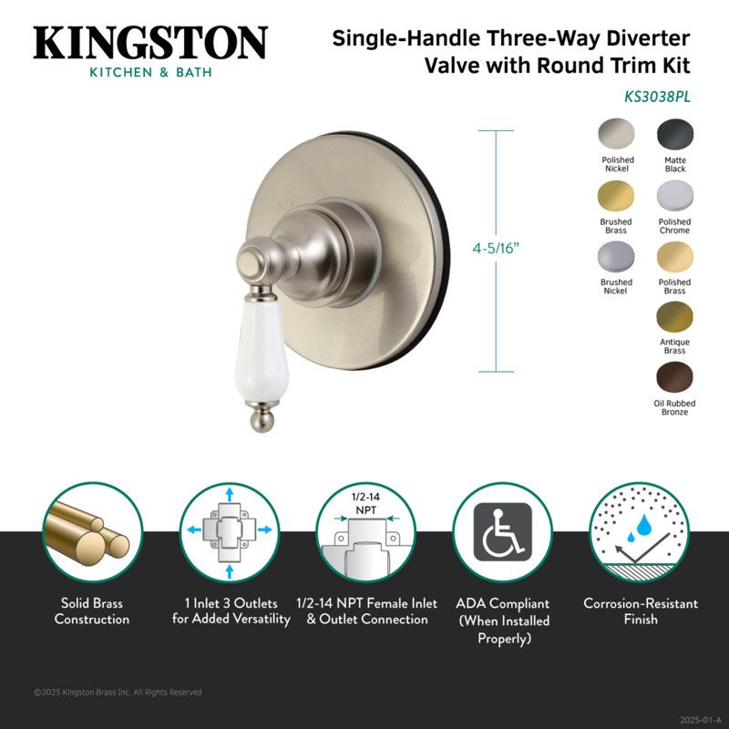 Kingston Brass Single-Handle Wall Mount Three-Way Diverter Valve with Trim Kit, Polished Nickel