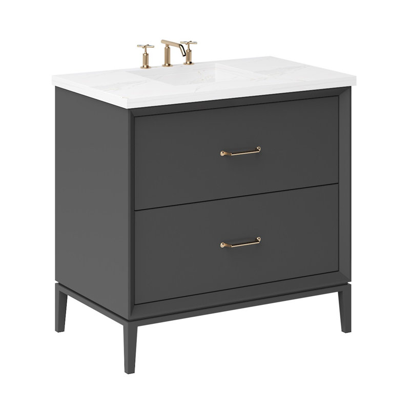 Alexandra Two-Drawer Single Bath Vanity, Off Black, Satin Gold, 42"