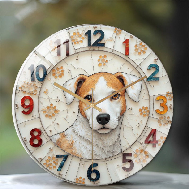 Vintage Decorative Wall Clock with Dog Design Art - 12'' Modern Glass Wall Clock