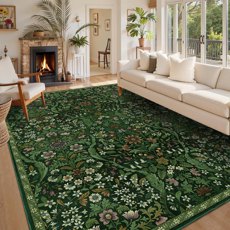 Washable Area Rug - Vintage Boho Botanical Low-Pile Rug, Rectangle 9' x 12', Dark Green