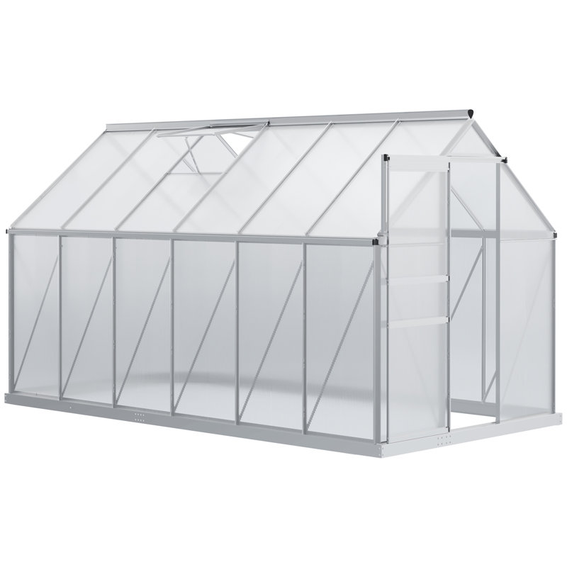 Outsunny 12' x 6' x 6.5' Polycarbonate Greenhouse with Adjustable Roof Vent, Walk-in Heavy Duty Greenhouse with Aluminum Frame, Rain Gutter and Sliding Door for Winter, Silver