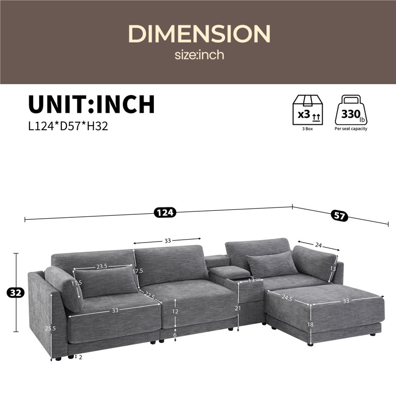 Canapé modulaire de 124 po avec console de rangement et repose-pieds mobile, siège de 33 po de large, canapé en chenille en L de 4 places, canapé confortable réversible avec chargeur USB pour le salon, un appartement