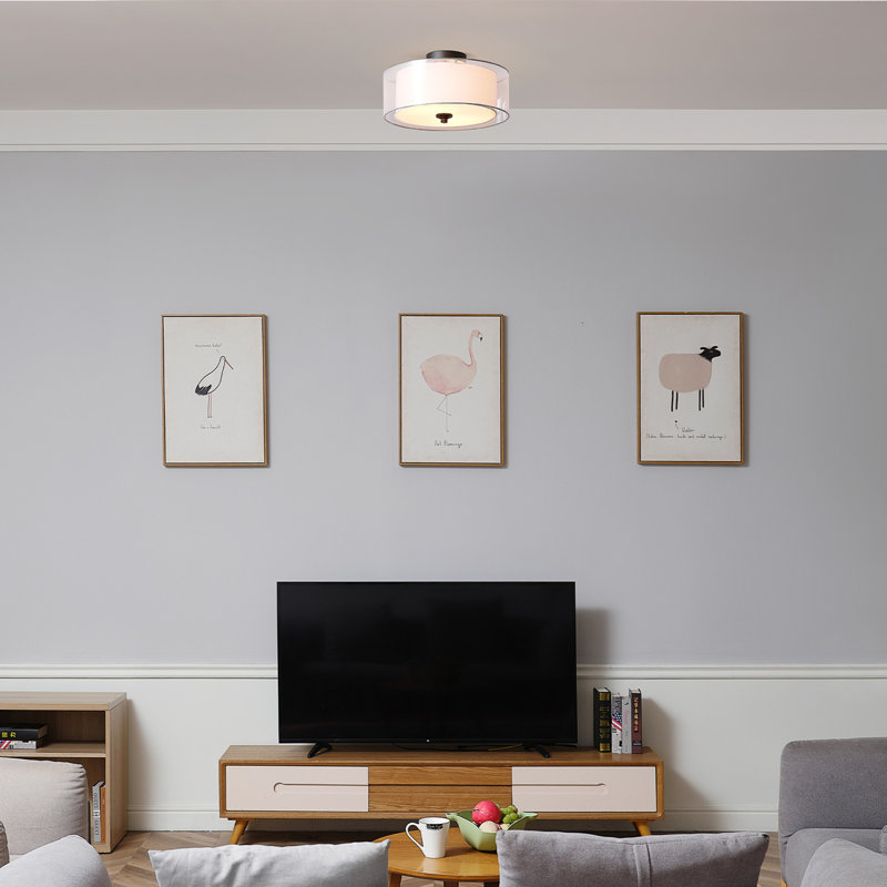 Plafonnier semi-encastré 2 lumières noir mat avec abat-jour intérieur en lin blanc et abat-jour extérieur en organza blanc