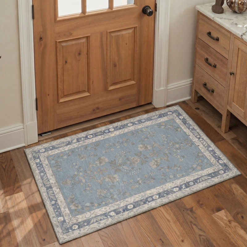 Tapis d'intérieur à motif floral brume / beige Amboy Verdant, lavable à la machine, avec envers antidérapant