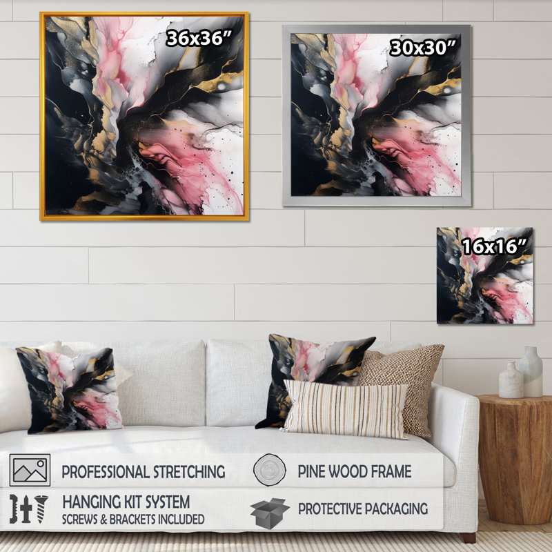 «Black Gold Marble Splash III», reproductions d'art mural en marbre abstrait, Impression noire sur toile encadrée