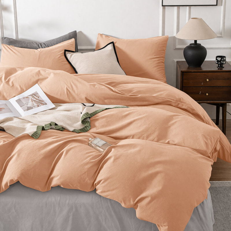 3-Piece Dyed Duvet Cover Set With Pillowcases, Single Duvet Cover + 2 Standard Pillowcases, Peach