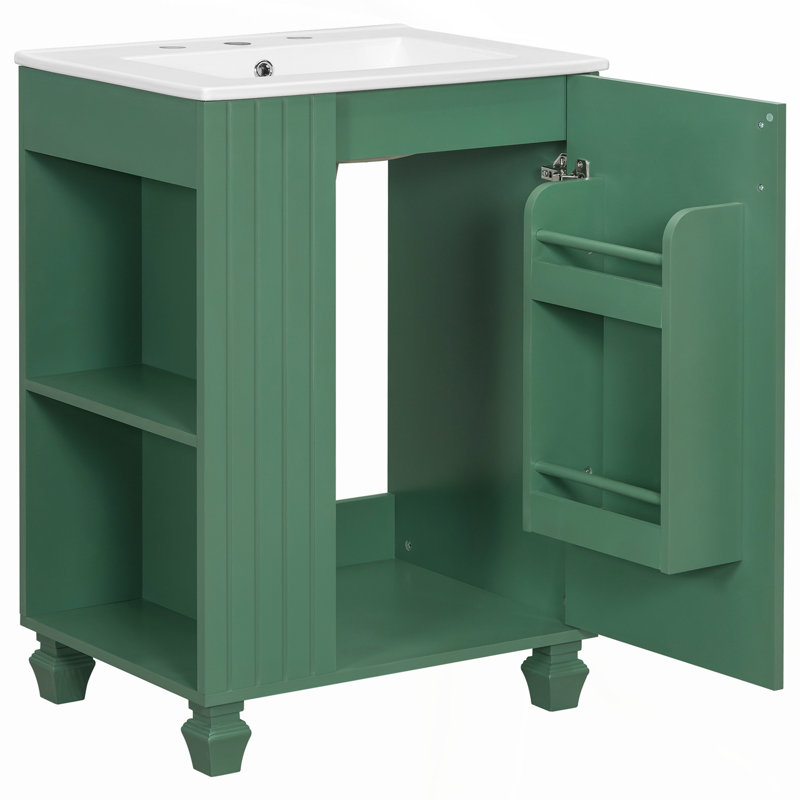 Meuble-lavabo vert 24 po avec lavabo, structure en bois massif, porte à fermeture douce et rangement latéral ouvert, Vert