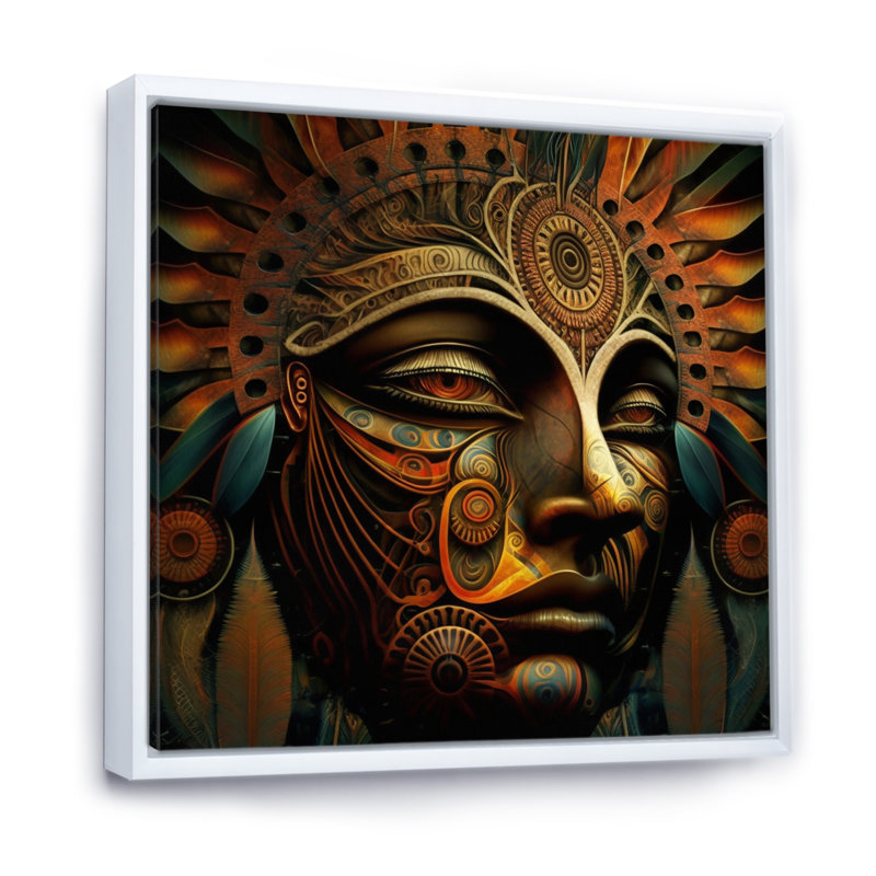 Ancien masque tribal Amazonien, Cadre flottant blanc, H 36 po x l 36 po x P 1,5 po