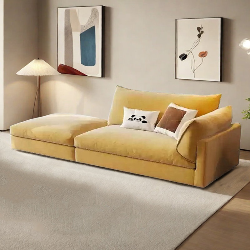 Canapé-lit en coton et lin avec repose-pieds, Jaune, Orienté à droite