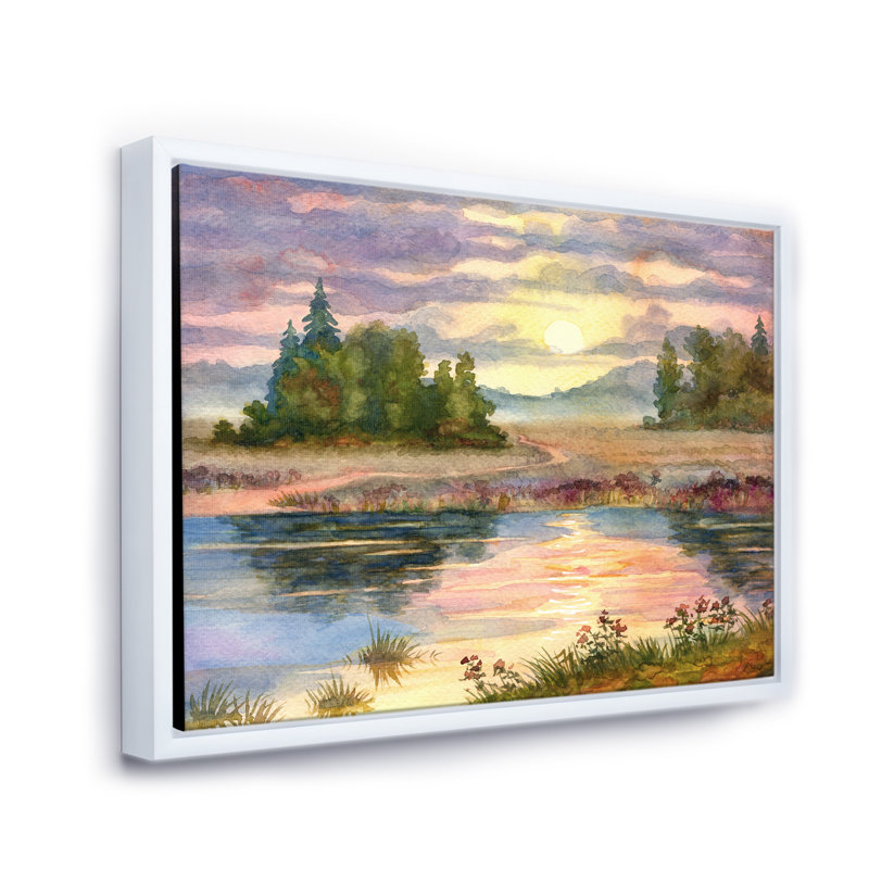 Coucher de soleil sur le lac I - peinture sur toile, H 24 po x l 32 po x P 1 po, Toile blanche encadrée