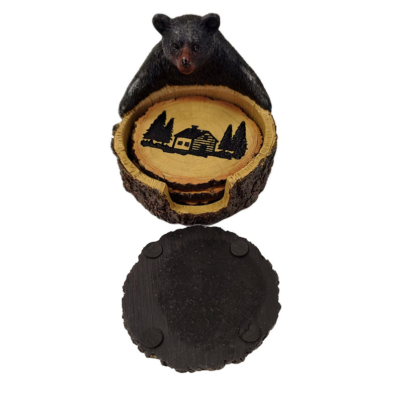 Ensemble de 4 sous-verres en polyrésine à motif d'ours noir avec support décoratif